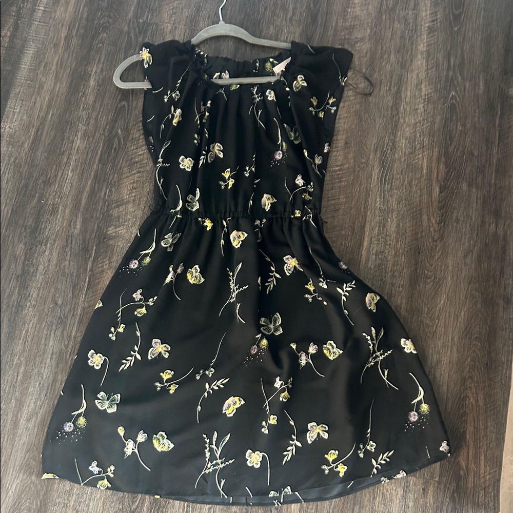 LC Lauren Conrad Black Floral Dress with Yellow and Green Accents